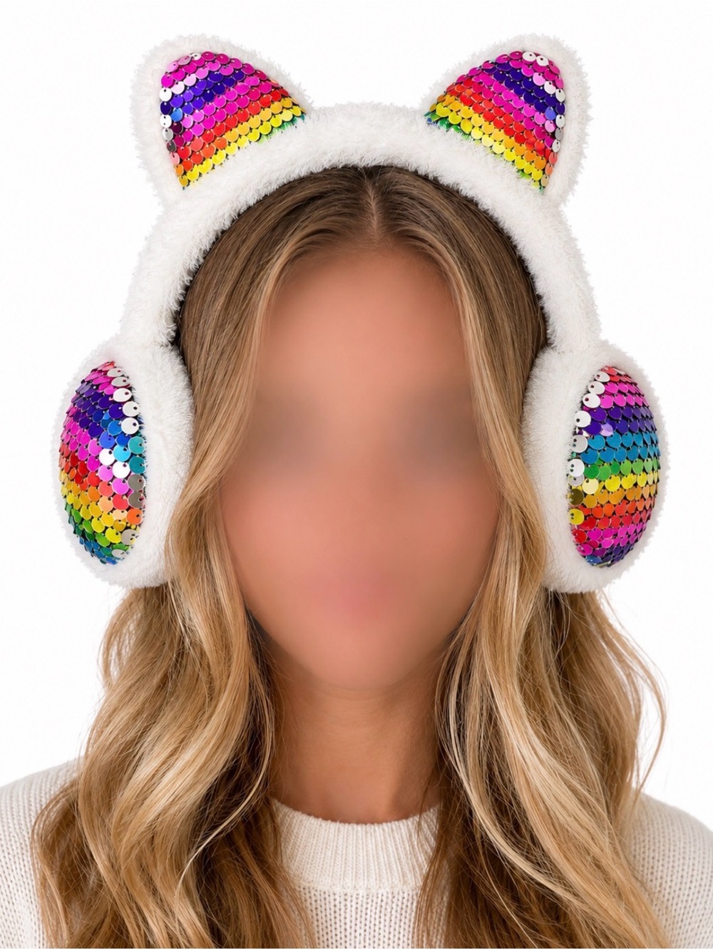 Sequin Rainbow Cat Ear Earmuffs - White
